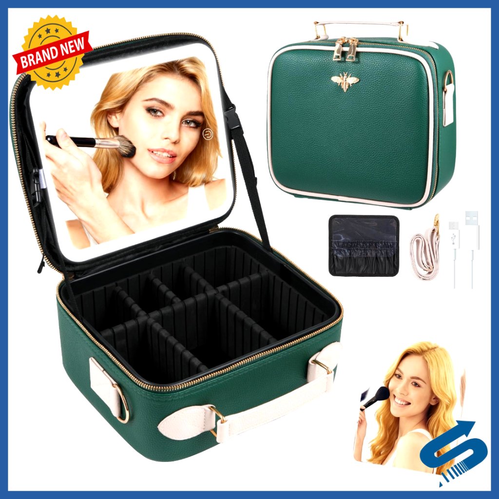 Travel Makeup Bag With Led Mirror Waterproof Case Adjustable Dividers